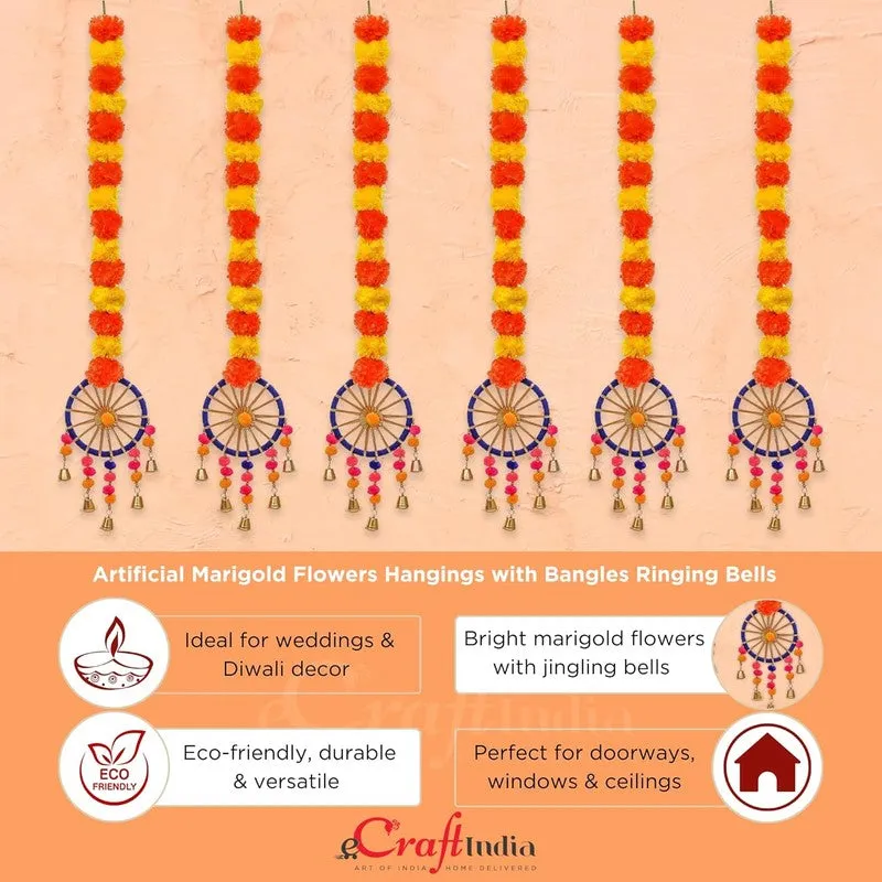 Six marigold-style latkans with blue chakra accents and bells