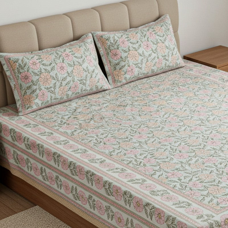 Niagra Floral Cotton Bedsheet (Peach) - 144 TC media 3