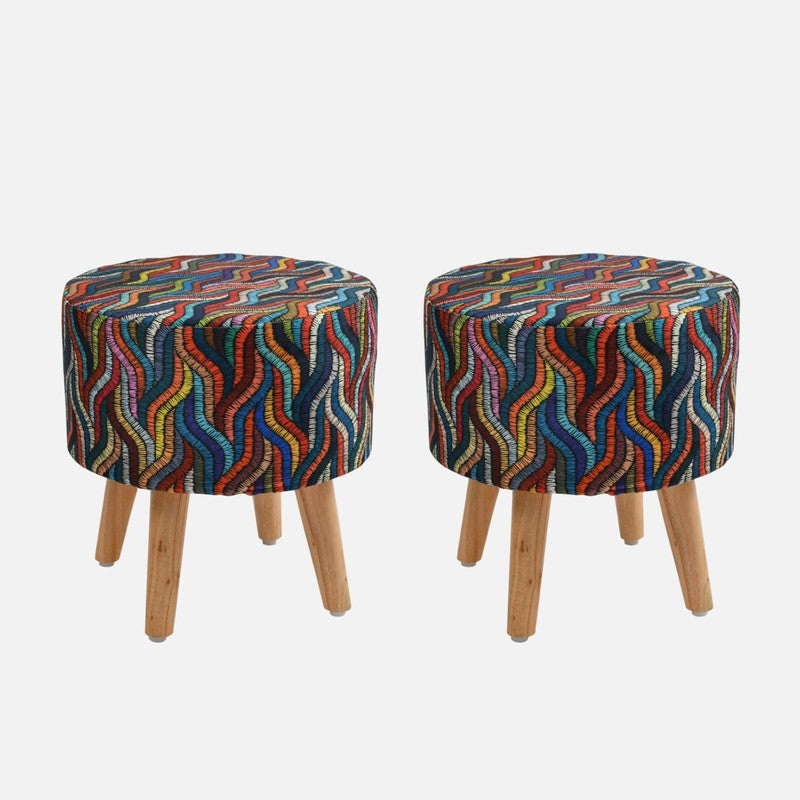 Ripple Chindi Print Multicolor Engineered Wood Ottomans - Set Of Two media 3