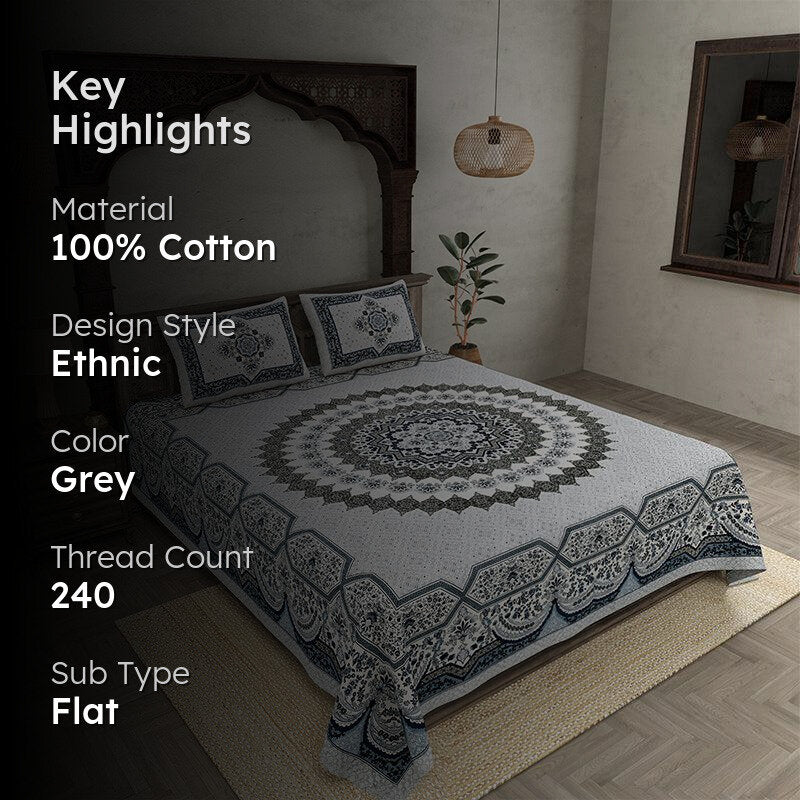 Chaital Ethnic Cotton Bedsheet (Grey) - 240 TC media 2