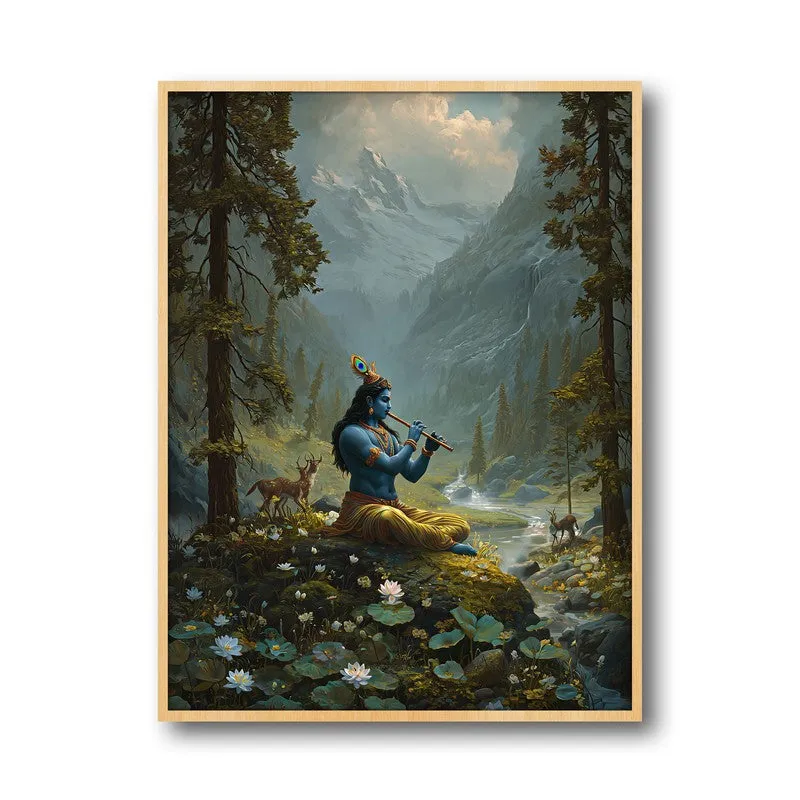Vrindavan Bihari Lord Krishna Playing Fluit II Archival Paper Wall Art - Natural Brown Frame media 5