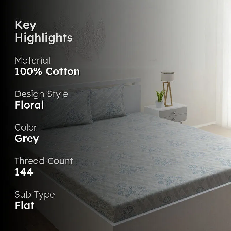 Marigold Fields Cotton Bedsheet (Grey) - 144 TC media 2