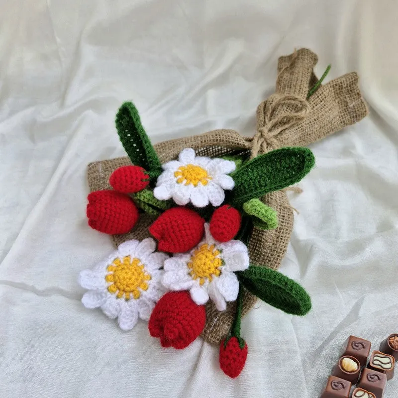 Crochet Handmade Rose & Tulip Bouquet (Red,White) - Set Of Nine media 1