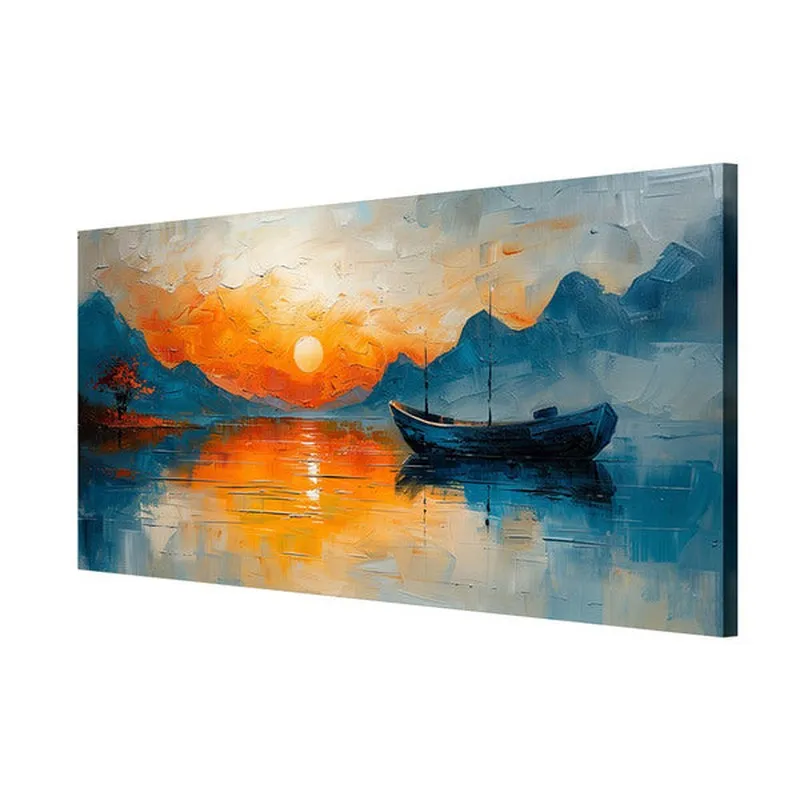 Ocean Sunset And Solitary Boat Wall Painting media 5