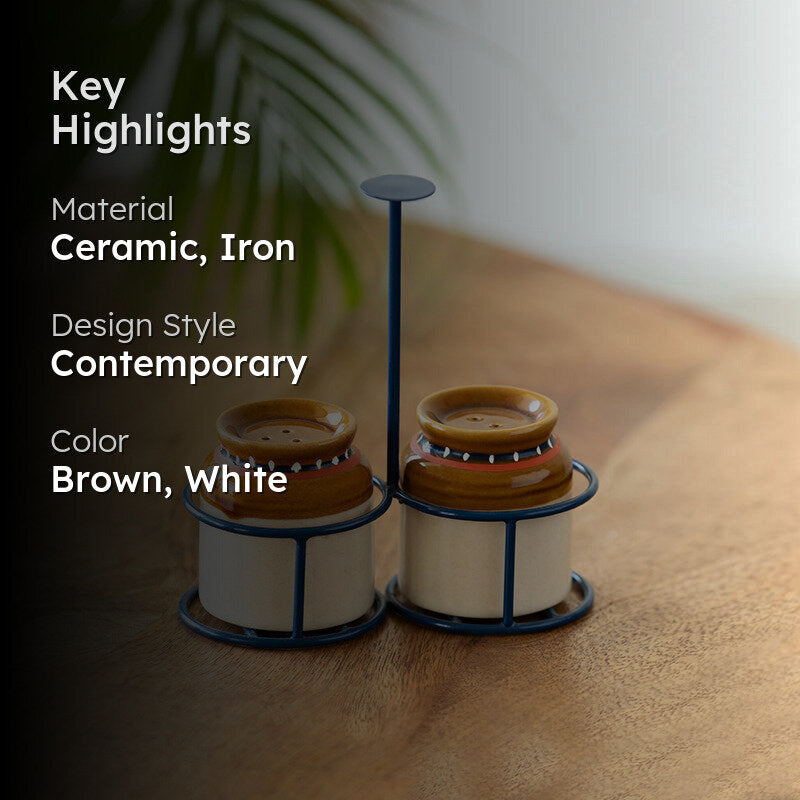 Bharani Ceramic Salt & Pepper Shaker With Iron Holder (80 mL Each) - Three Piece Set media 2