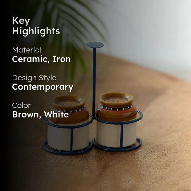 Bharani Ceramic Salt & Pepper Shaker With Iron Holder (80 mL Each) - Three Piece Set media 2