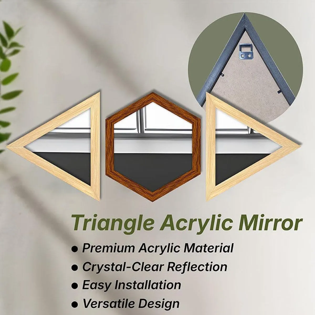 Triangle and hexagon acrylic wall mirrors shown with rear hanging hook detail