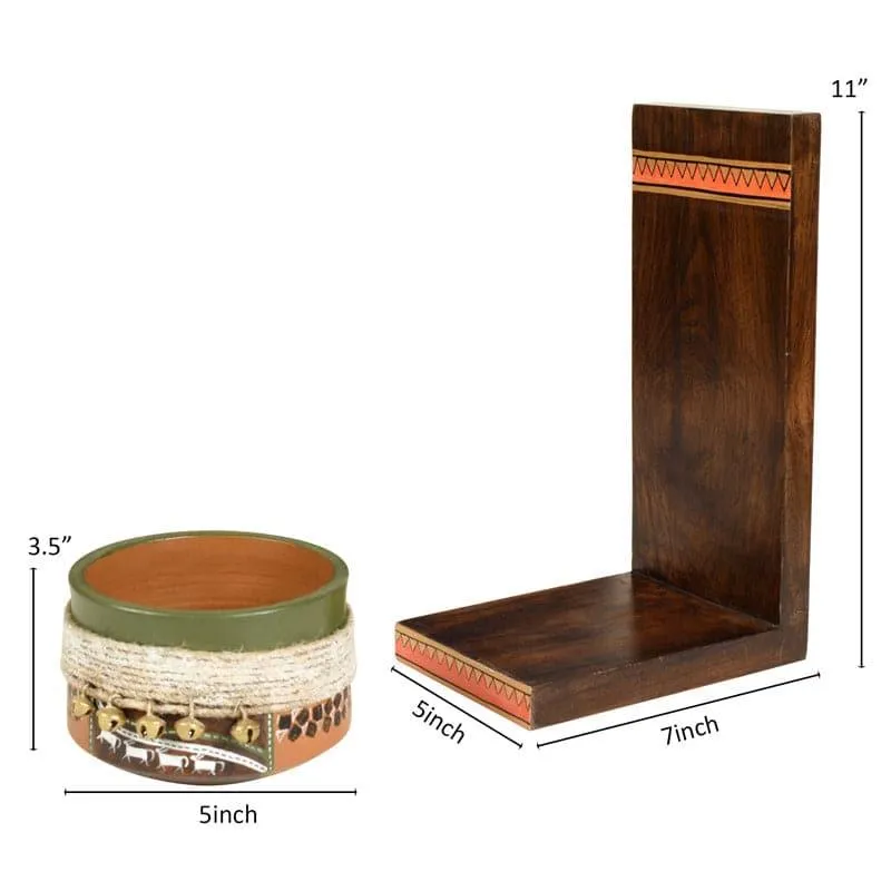 Moya Wall Shelf With Wooden Earthen Planter - Set Of Two media 5