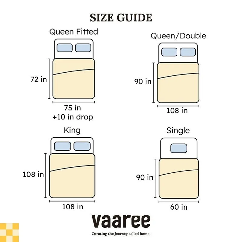 Size guide graphic for single, queen, king and fitted bedsheets