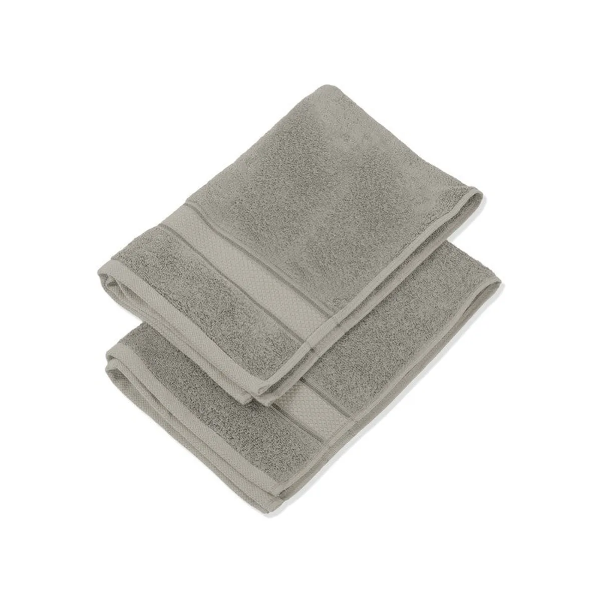 Two folded light grey textured hand towels stacked on a white background