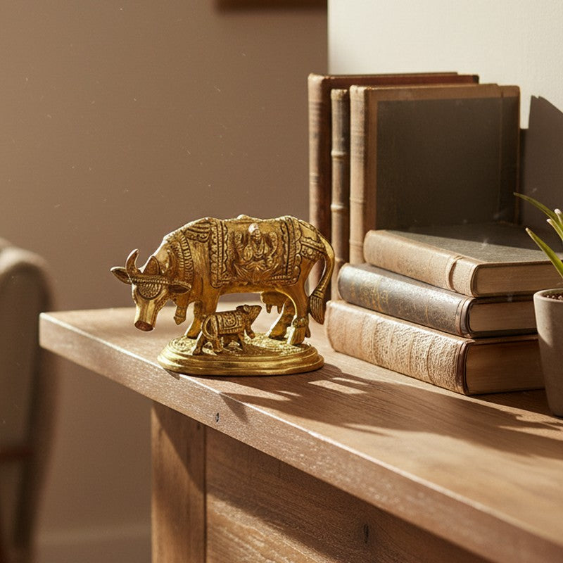 Kamadhenu Cow and Calf Brass Showpiece - Gold