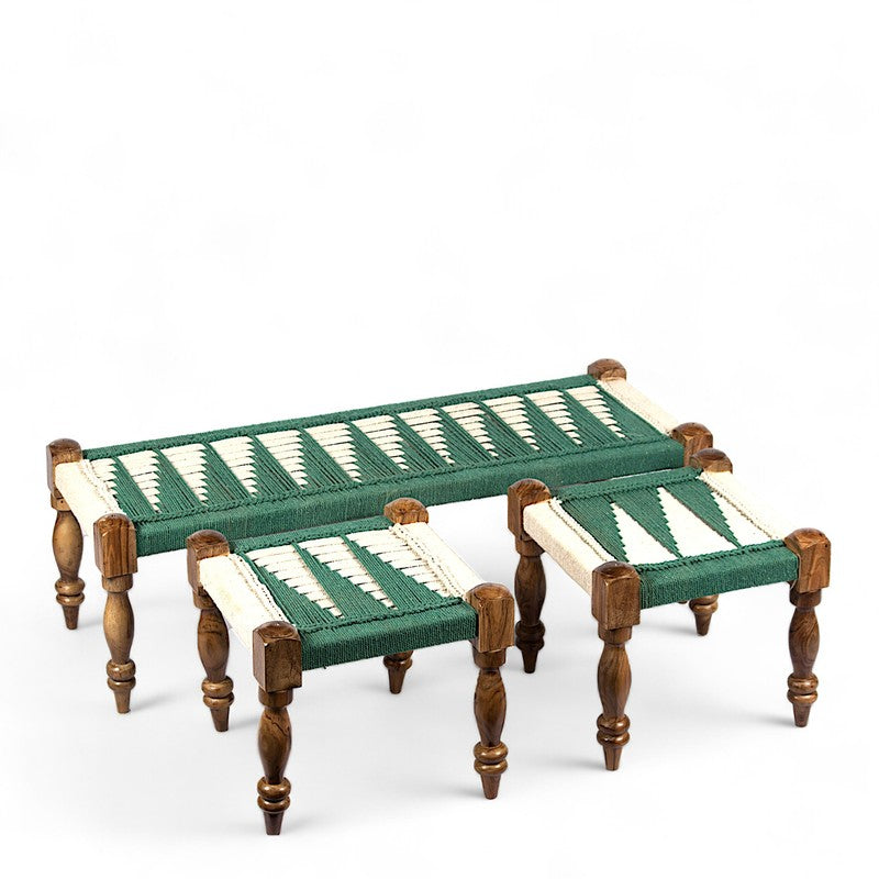 Brevon Sheesham Wooden Bench with Stools (Green,White) - Three Piece Set media 3