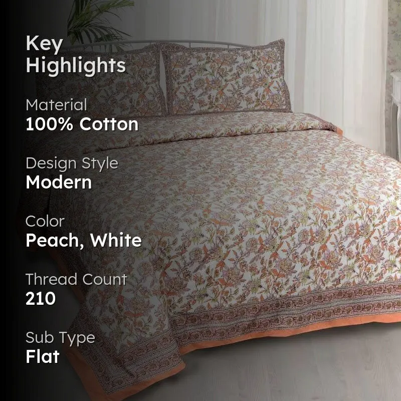 Miksha Floral Cotton Bedsheet (Peach) - 210 TC media 2