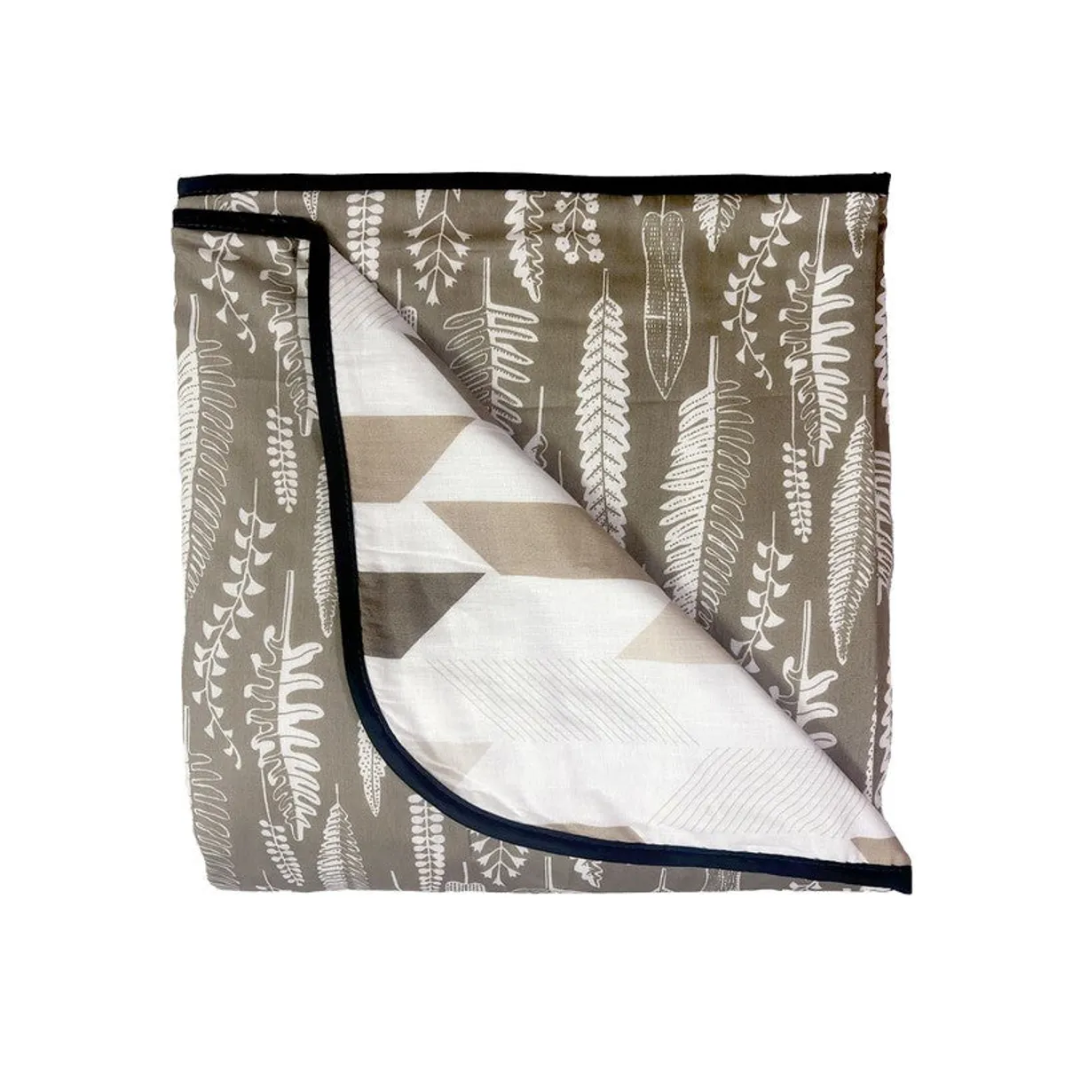 Folded reversible dohar showing botanical and geometric printed sides