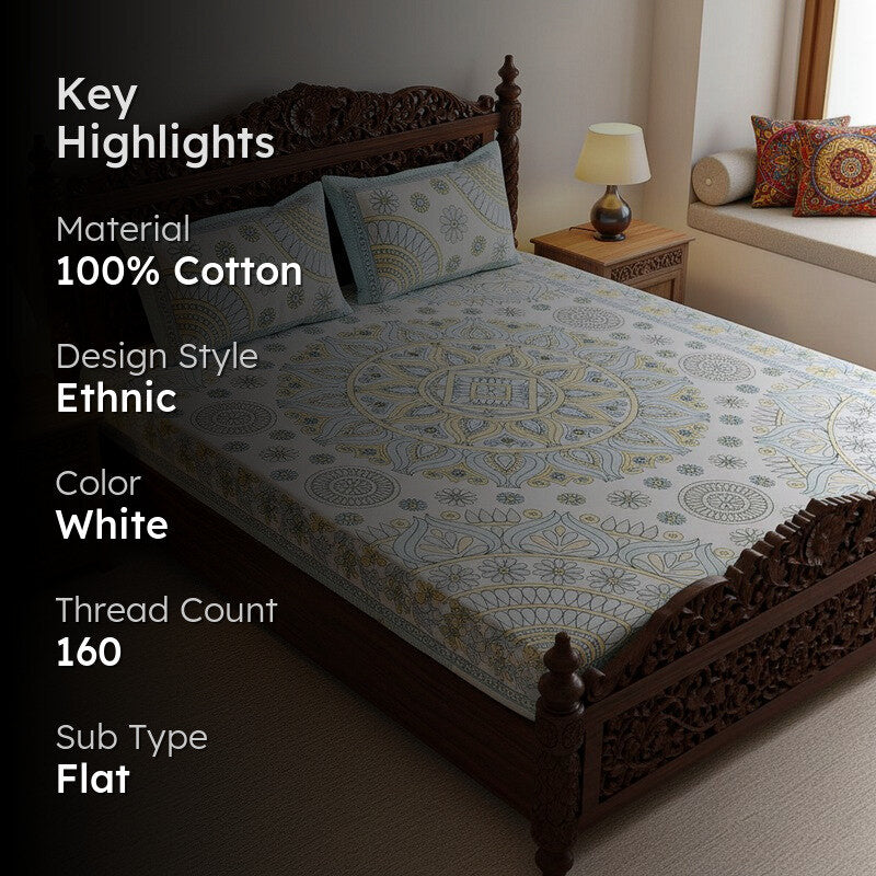 Kavya Mandala Ethnic Cotton Bedsheet (Blue,Yellow) - 160 TC media 2