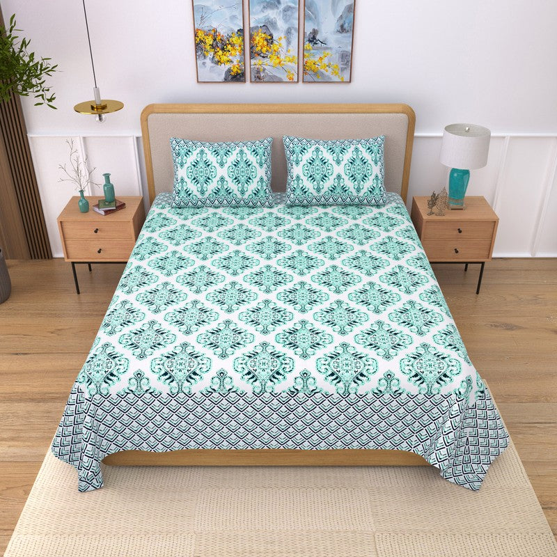 Bedlyn Ethnic Cotton Bedsheet (Blue) - 240 TC