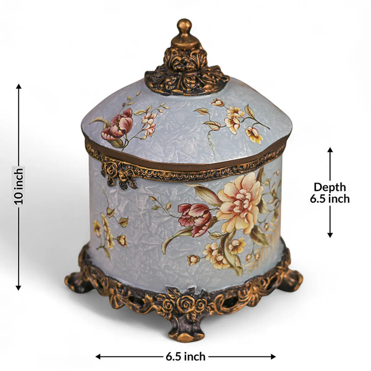 Blue floral jewel box shown with height and width measurement arrows