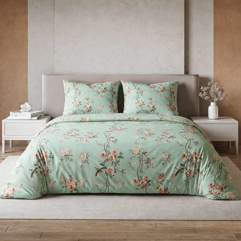 Cherry Blossom Floral Cotton Bedsheet (Green) - 254 TC media 1