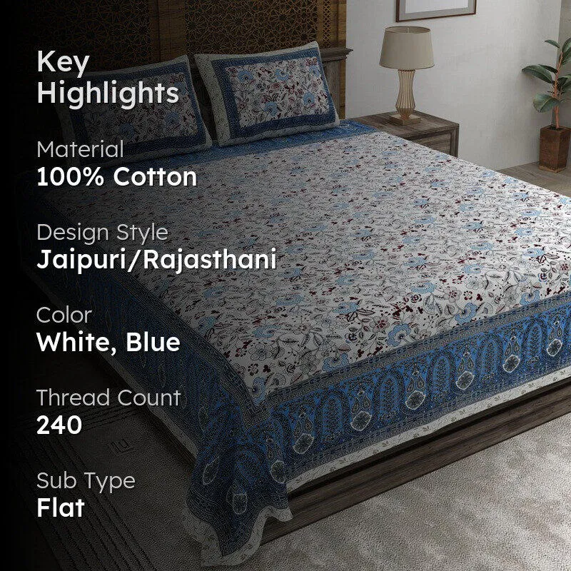Weavely Cotton Bedsheet (White,Blue) - 240 TC media 2