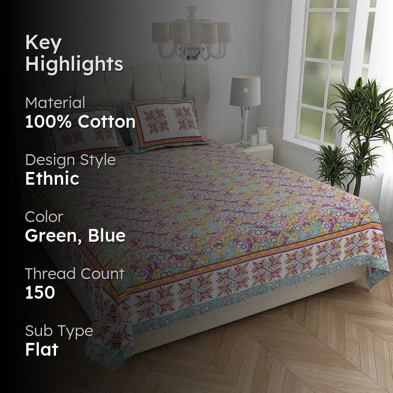 Nidra Nector Floral Cotton Bedsheet (Green & Pink) - 150 TC media 2