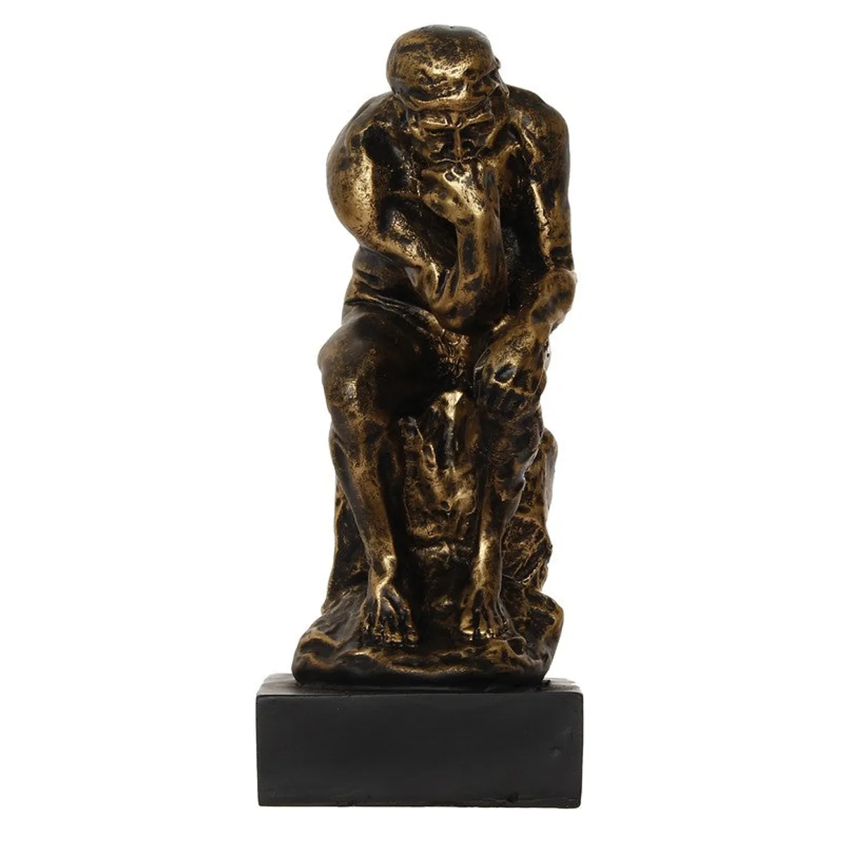 Front view of seated thinker showpiece in gold and black