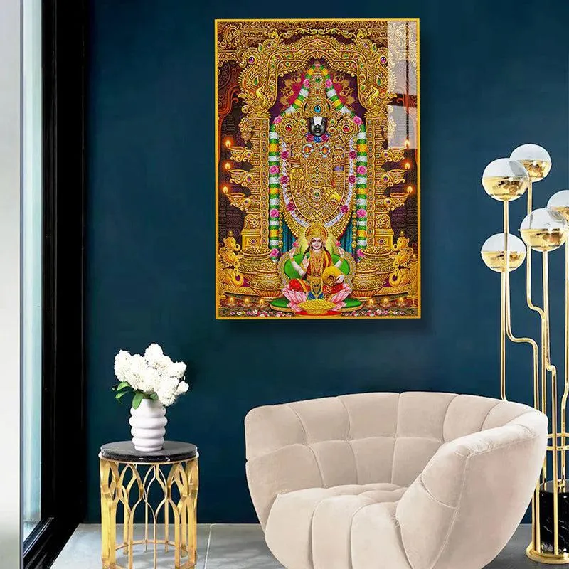 Lord Thirupathi Balaji Spiritual Canvas Wall Art With Frame - Gold media 1