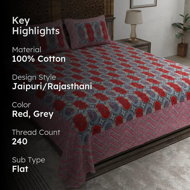 Floraum Cotton Bedsheet (Red,Grey) - 240 TC media 2