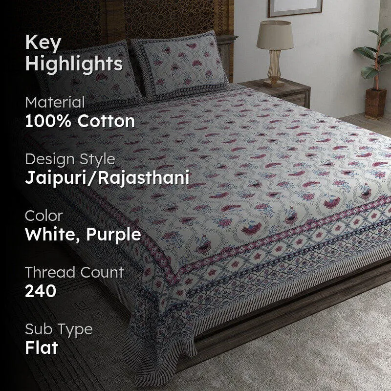 Blossomza Cotton Bedsheet (White,Purple) - 240 TC media 2