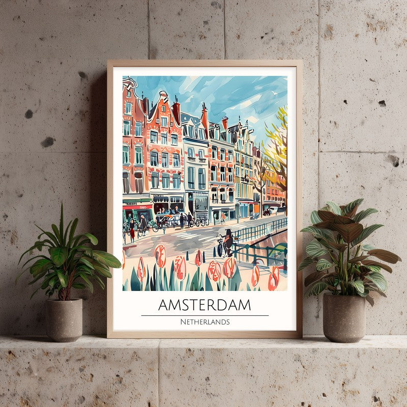 Vintage Amsterdam Framed Canvas Archival Canvas Wall Painting - Natural Brown Frame media 3