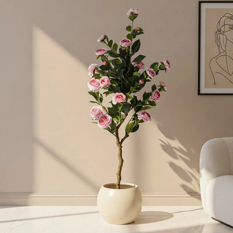 Faux Lush Mini Camellia Plant With Black Plastic Pot - Pink - 4 Feet media 1