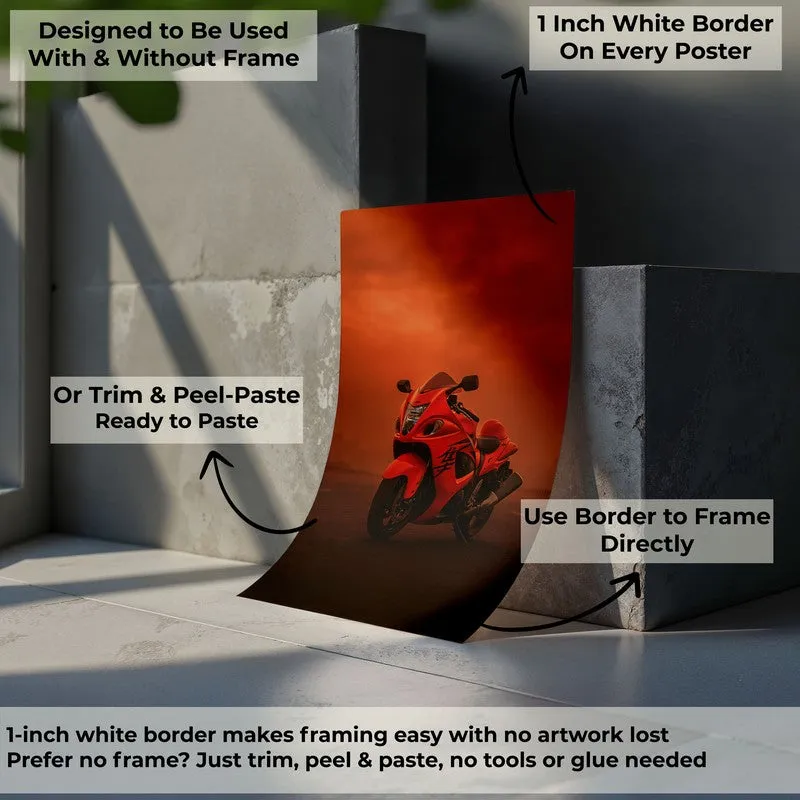 Single motorcycle poster shown curled, highlighting border and frameless use