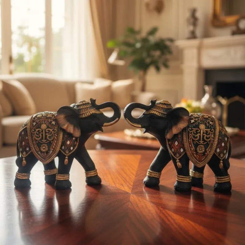 Vintage Royal Elephant Resin Showpiece - Set of Two media 1