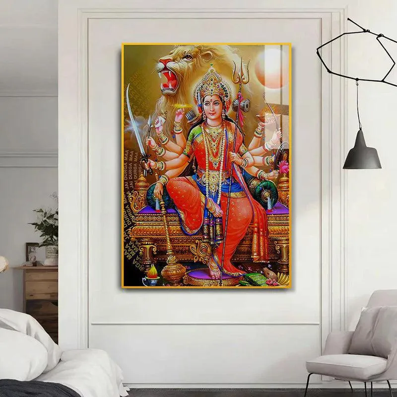 Glorious Matha Durga Spiritual Canvas Wall Art With Frame - Gold media 1