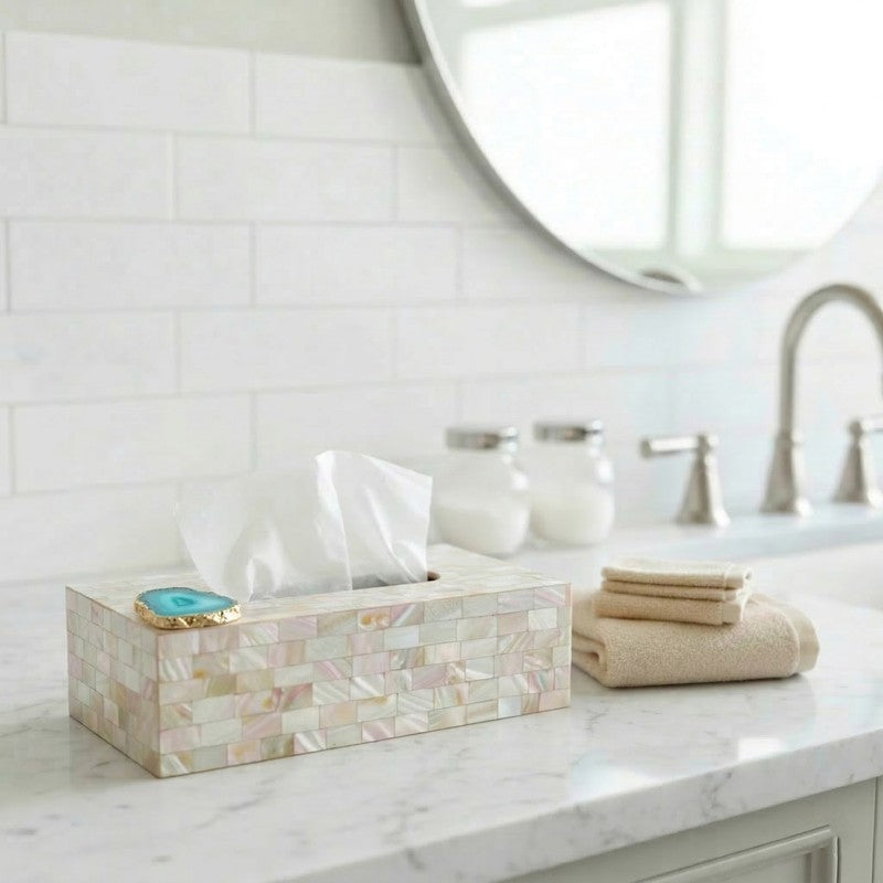 Suzzaine Handcrafted Mother Of Pearl & Agate Tissue Box - Turquoise & Beige media 6