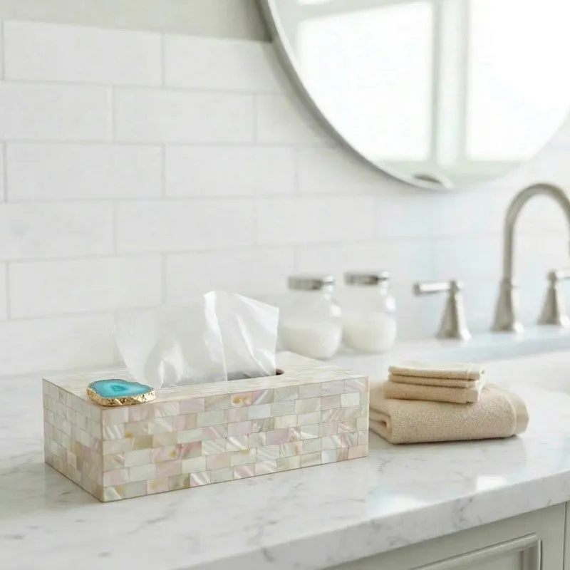 Suzzaine Handcrafted Mother Of Pearl & Agate Tissue Box - Turquoise & Beige media 6
