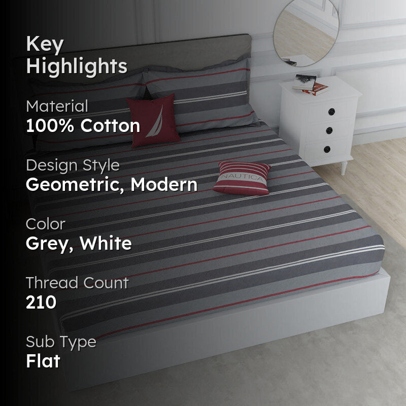 Nautica Stripe Symphony Cotton Bedsheet (Red & Grey) - 210 TC media 2