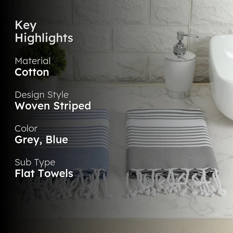 Loomera Striped Cotton Bath Towels (Grey & Dark Blue) - Set Of Two media 2