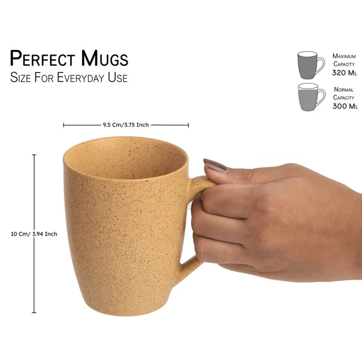 Mustard-yellow speckled ceramic mug shown with its dimensions