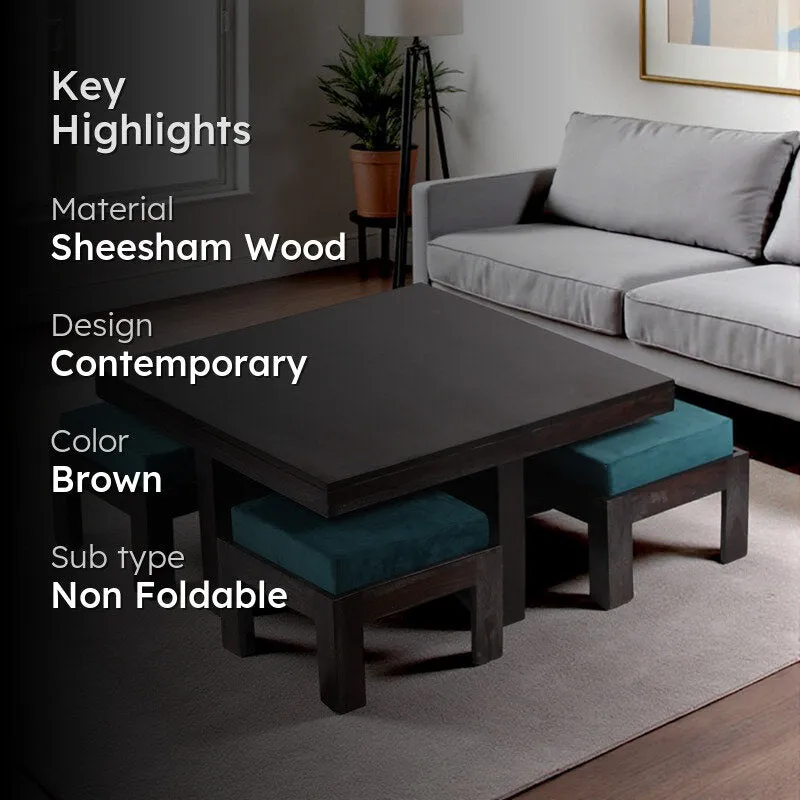 Evrino Sheesham Wooden Center Table with Stools and Cushions (Deep Brown,Blue) - Nine Piece Set media 2