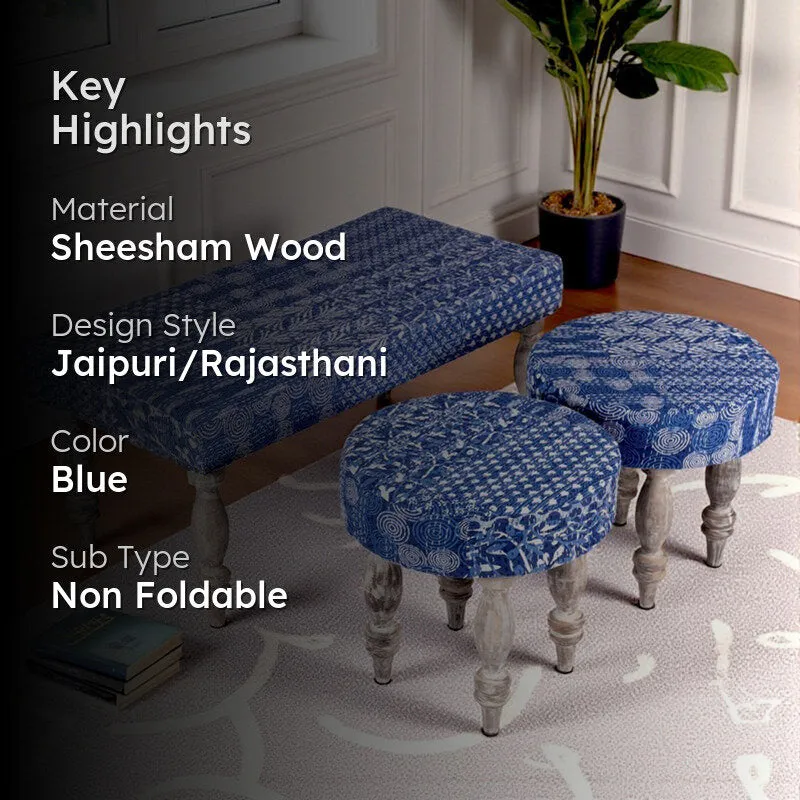 Delvo Sheesham Wooden Bench with Stools (Blue) - Three Piece Set media 2
