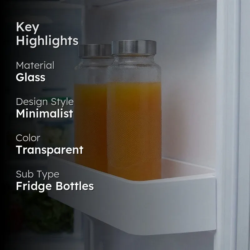 Two refrigerator bottles with orange juice and minimalist design highlights