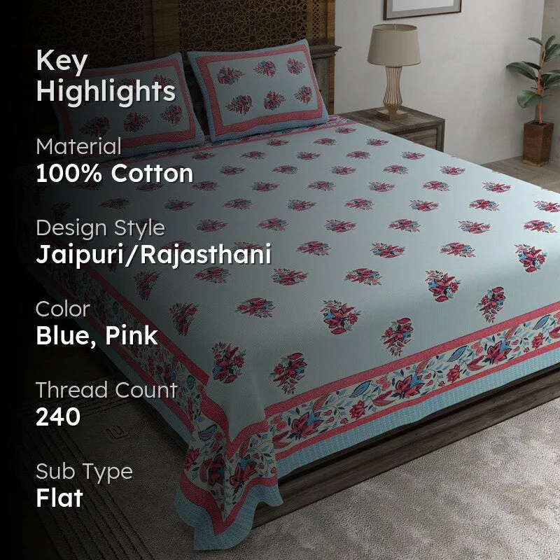 Royalra Cotton Bedsheet (Blue,Pink) - 240 TC media 2