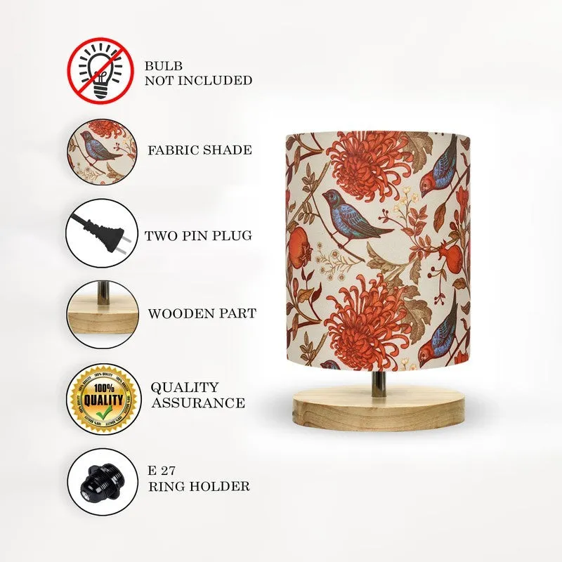 Table lamp shown with feature icons beside it on a white background