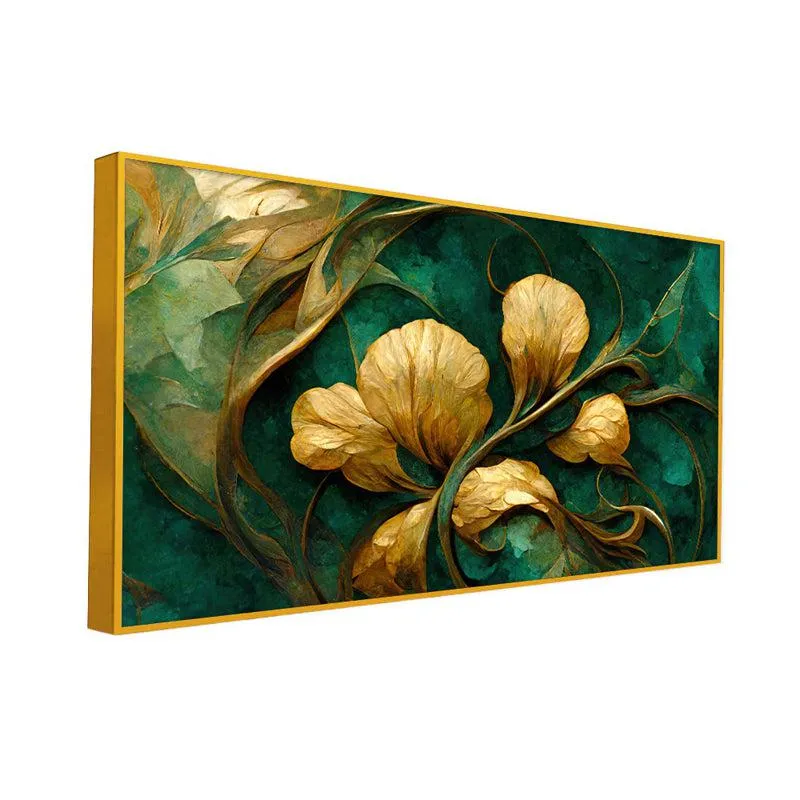 Emeral & Gold Floral Canvas Wall Painting With Frame - Gold media 3