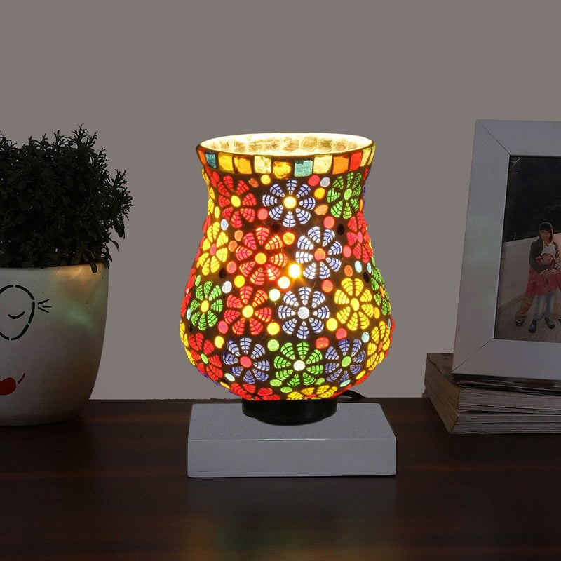 Flavia Mosaic Glass Table Lamp With Wooden Base - Multicolor