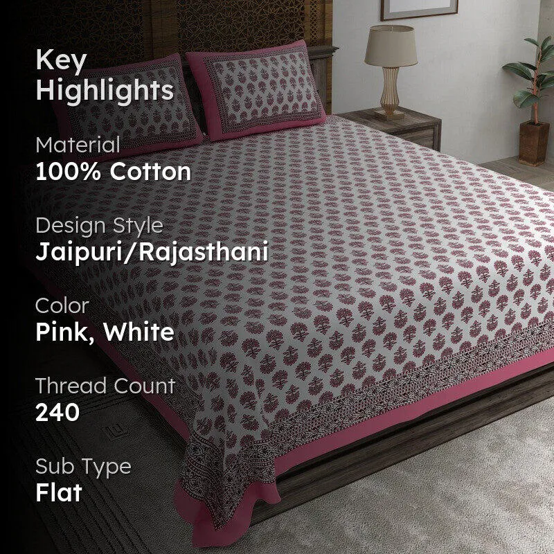Designio Cotton Bedsheet (Pink,White) - 240 TC media 2