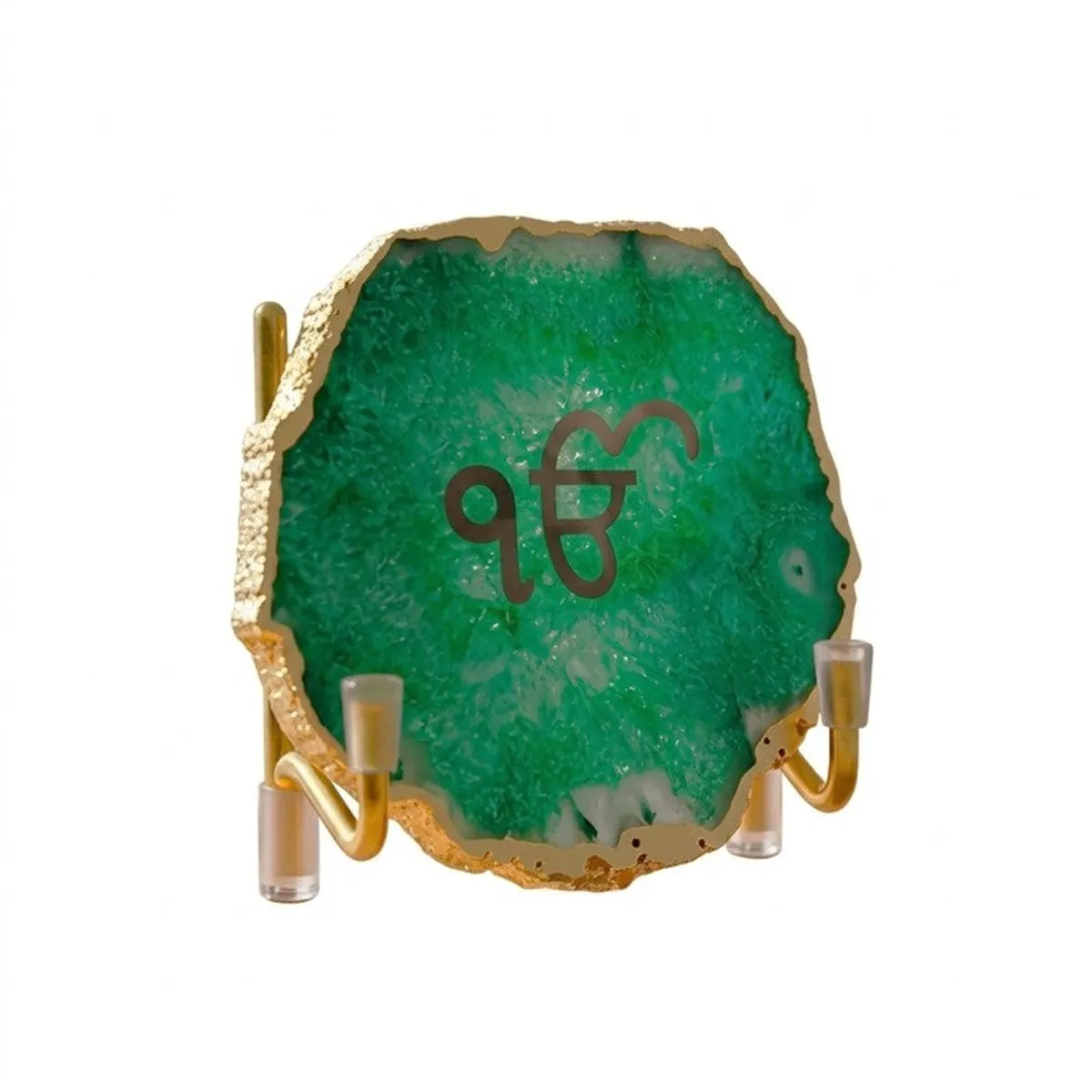 Close view of green agate Ik Onkar accent with gold-toned metal stand