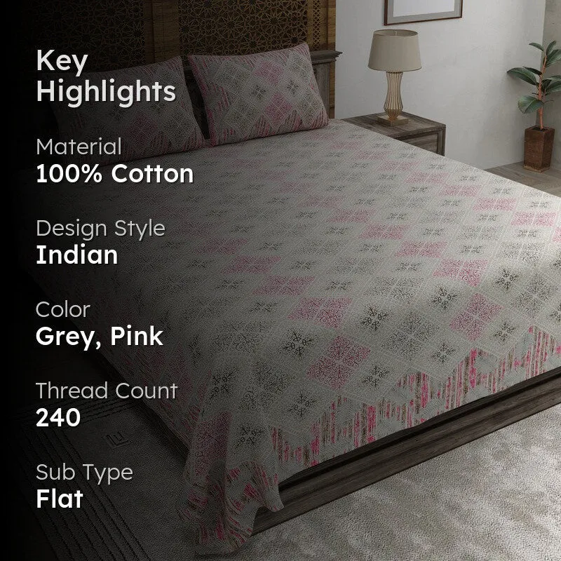 Blooma Cotton Bedsheet (Grey,Pink) - 240 TC media 2