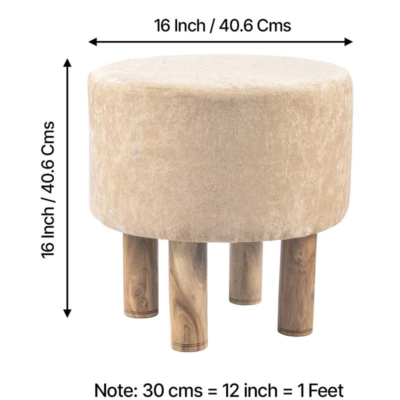 Beige round ottoman with dimension arrows showing overall size