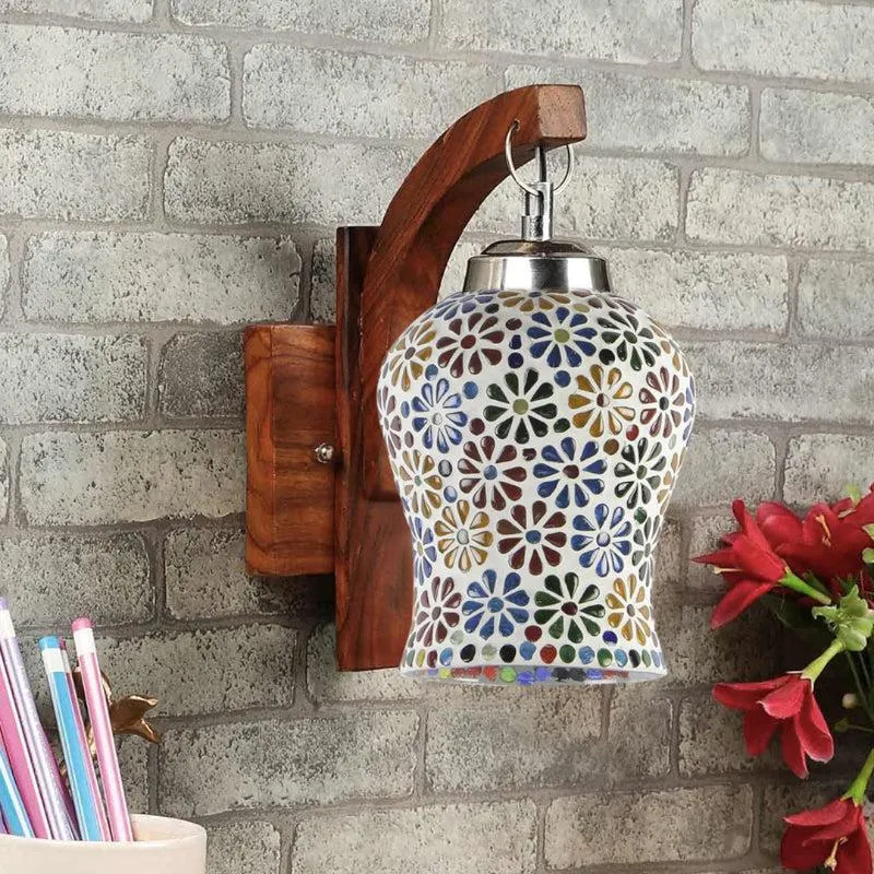 Ervo Floral Mosaic Glass & Wooden Wall Lamp media 3